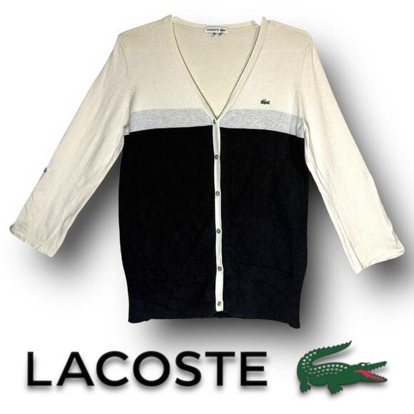 Lacoste Colorblock Knit Cardigan Ivory Gray Black V-Neck Logo Button Front S/M - Picture 1 of 8
